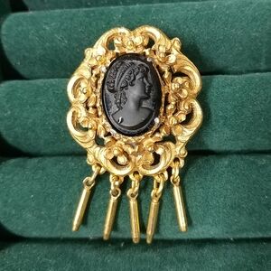 Vintage Florenza Cameo Brooch Black & Gold w/Tassels Fringe Pin Victorian
